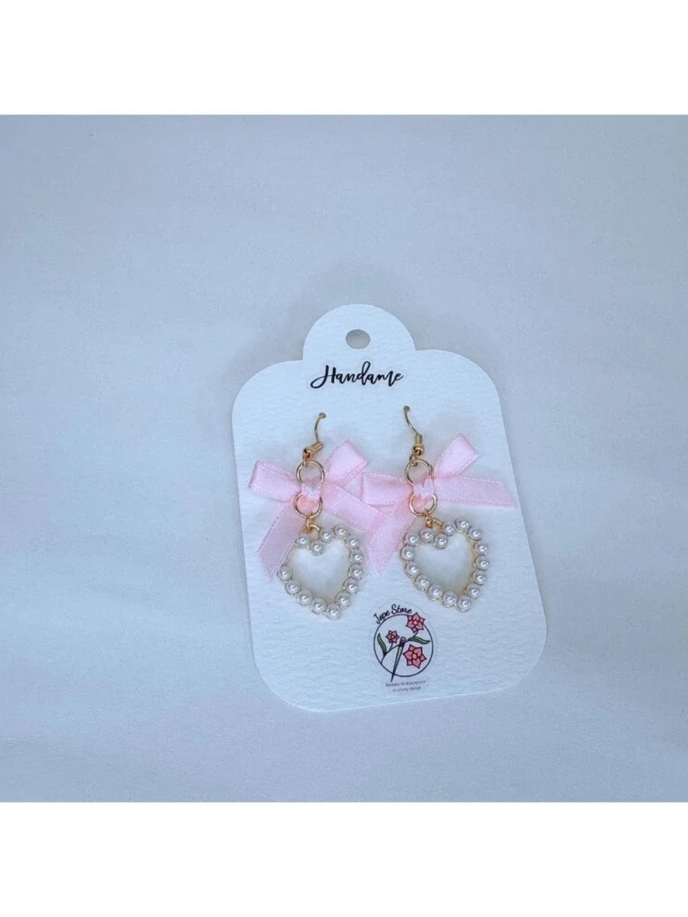 Handmade Pink Bow Pearl Heart Drop Earrings